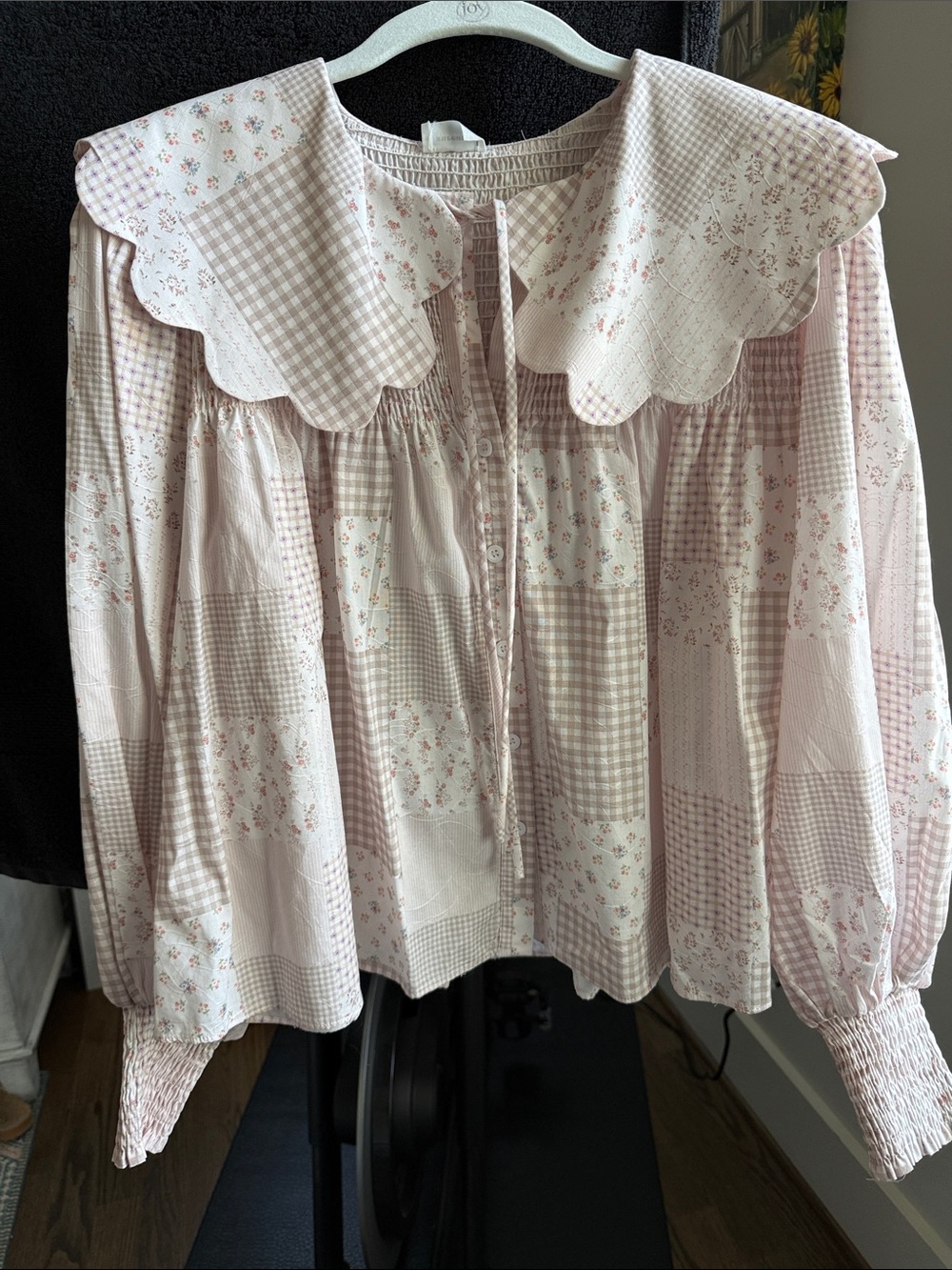 AUREUM Pink Patchwork Peasant Blouse with Scalloped Collar